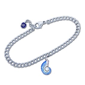Nautilus Shell Charm Bracelet - Sterling Silver with Blue and White Enamel and White Topaz